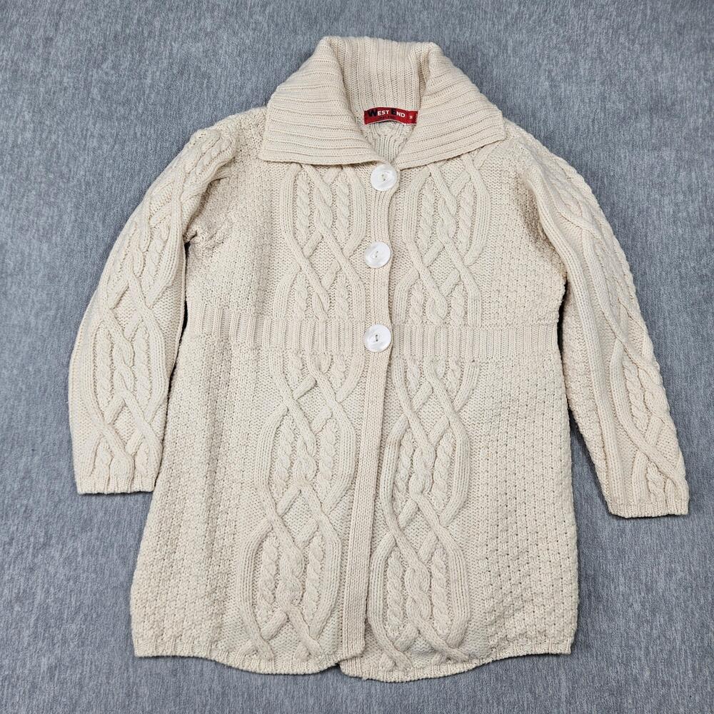 West End Ireland Sweater Womens Medium Cream Wool Cable Knit Cardigan